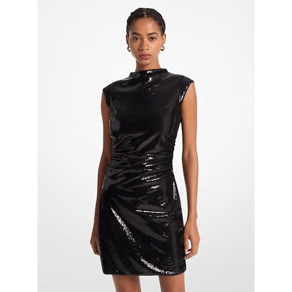 Michael Kors Women's Sequined Funnel-Neck Mini Dress Black Size M MSRP $175 - Picture 1 of 6